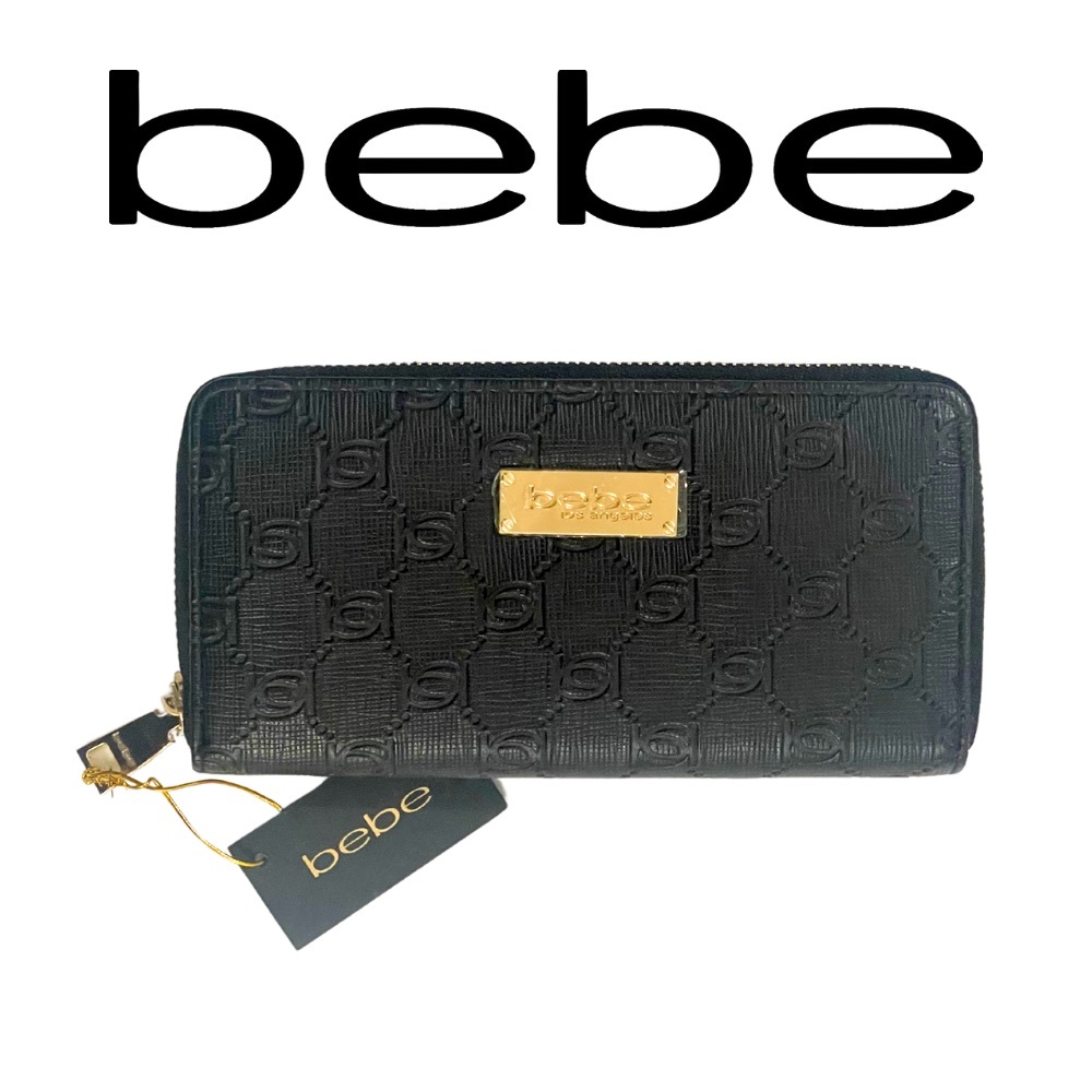 Bebe Alana Zip-Around Black Embossed Logo Wallet